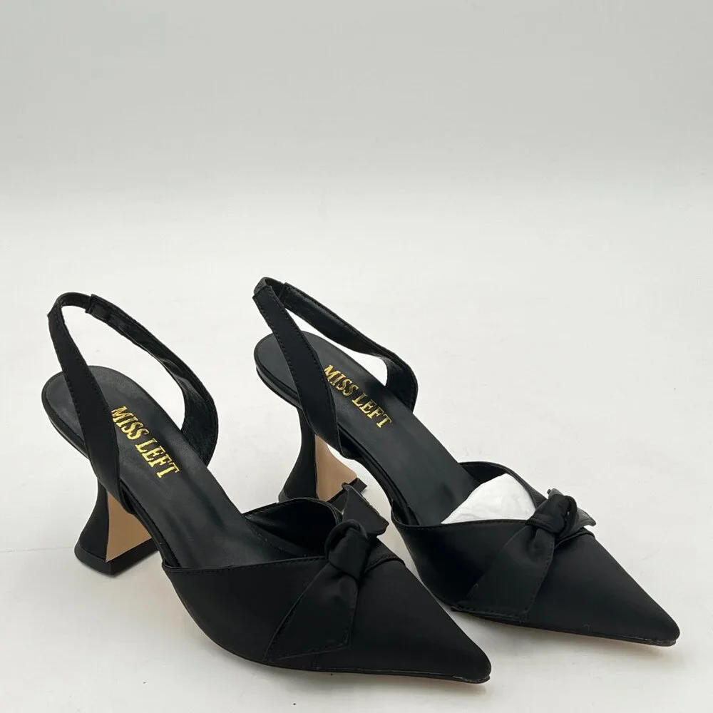 Miss Left Black Pointed Toe Slingback Pumps Bowknots Slip On Backstrap Sandals - Picture 4 of 8